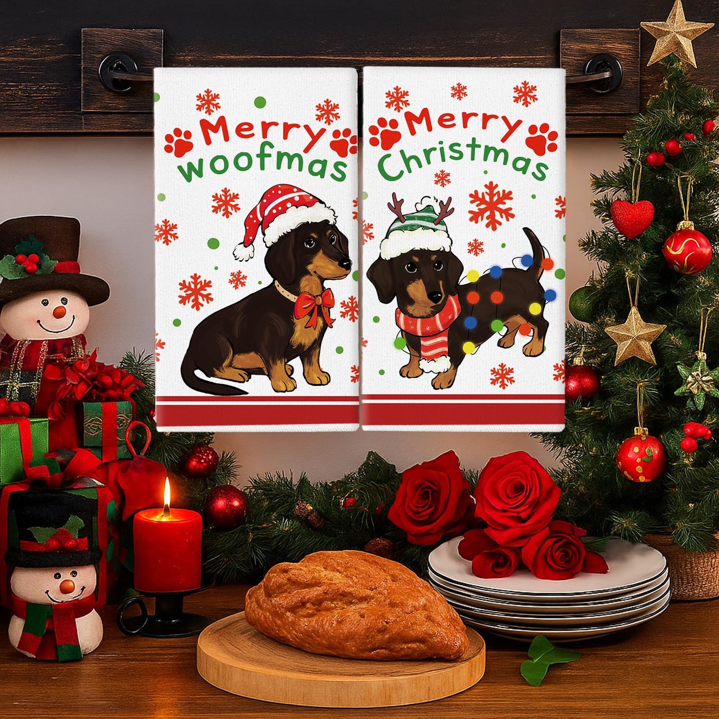 Christmas Kitchen Towels Dachshund 18 x 26 Inch Set of 2 Dish Towels Hand Towels for Winter Holiday Home Indoor Bathroom Party Dining Decor Gifts The Dachshund Zone
