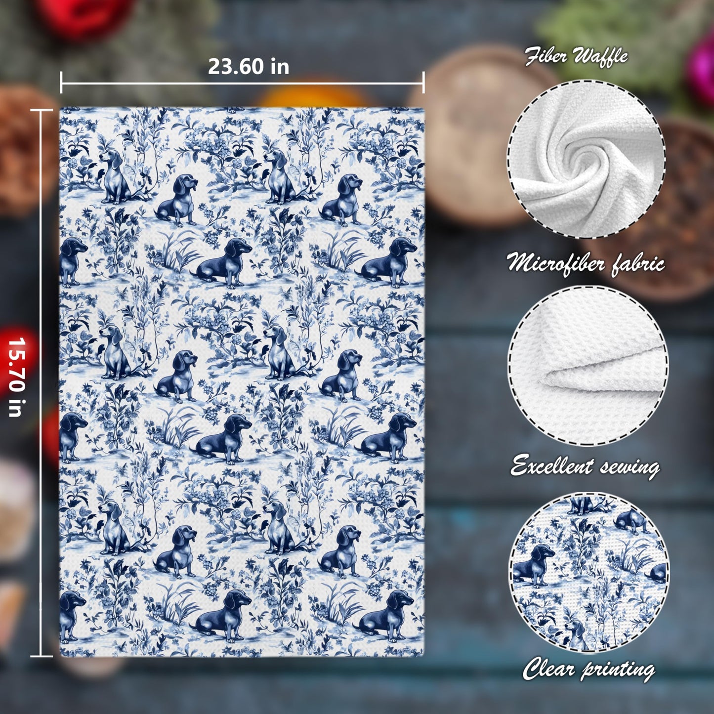 Chinoiserie Dachshund Kitchen Towels, Blue and White Floral The Dachshund Zone