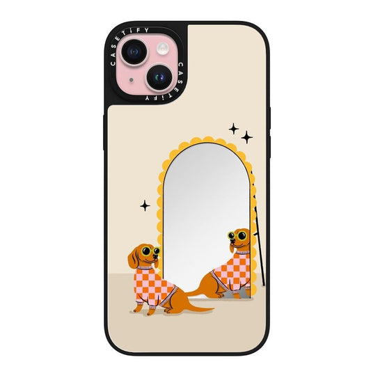 CASETiFY Mirror Case for iPhone 15 Plus [Reflective / 4.9ft Drop Protection/Compatible with Magsafe] - Checkered Dachshund Mirror - Silver on Black The Dachshund Zone