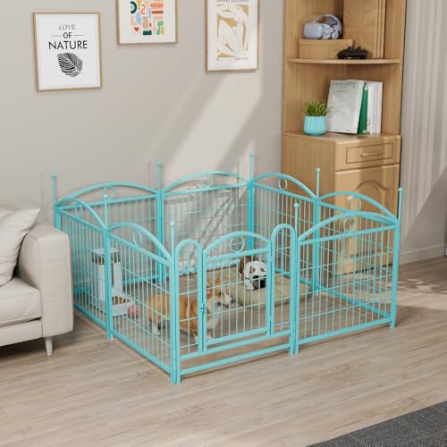 Heavy Duty Metal Dog Playpen for Indoor and Outdoor Use, 8-Panel Foldable Pet Exercise Pen with Door, Rust Resistant Black Iron Puppy Fence for Large Medium Small Dogs (Blue + Iron) The Dachshund Zone