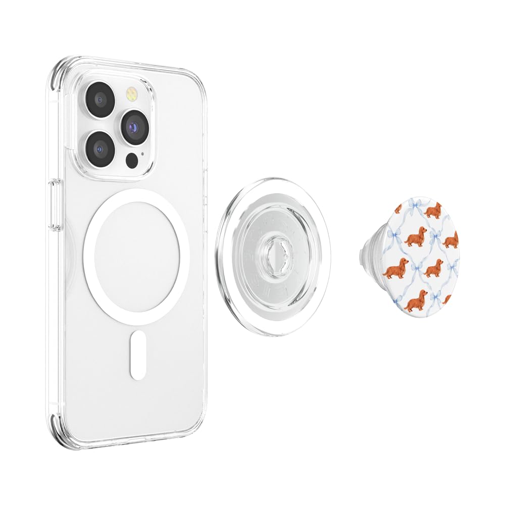 Long Haired Cream Dachshund Baby Blue Bow Coquette Doxie GIF PopSockets PopGrip for MagSafe The Dachshund Zone