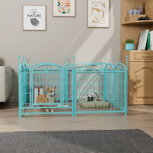 Heavy Duty Metal Dog Playpen for Indoor and Outdoor Use, 8-Panel Foldable Pet Exercise Pen with Door, Rust Resistant Black Iron Puppy Fence for Large Medium Small Dogs (Blue + Iron) The Dachshund Zone