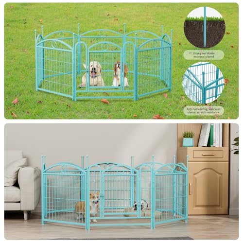 Heavy Duty Metal Dog Playpen for Indoor and Outdoor Use, 8-Panel Foldable Pet Exercise Pen with Door, Rust Resistant Black Iron Puppy Fence for Large Medium Small Dogs (Blue + Iron) The Dachshund Zone