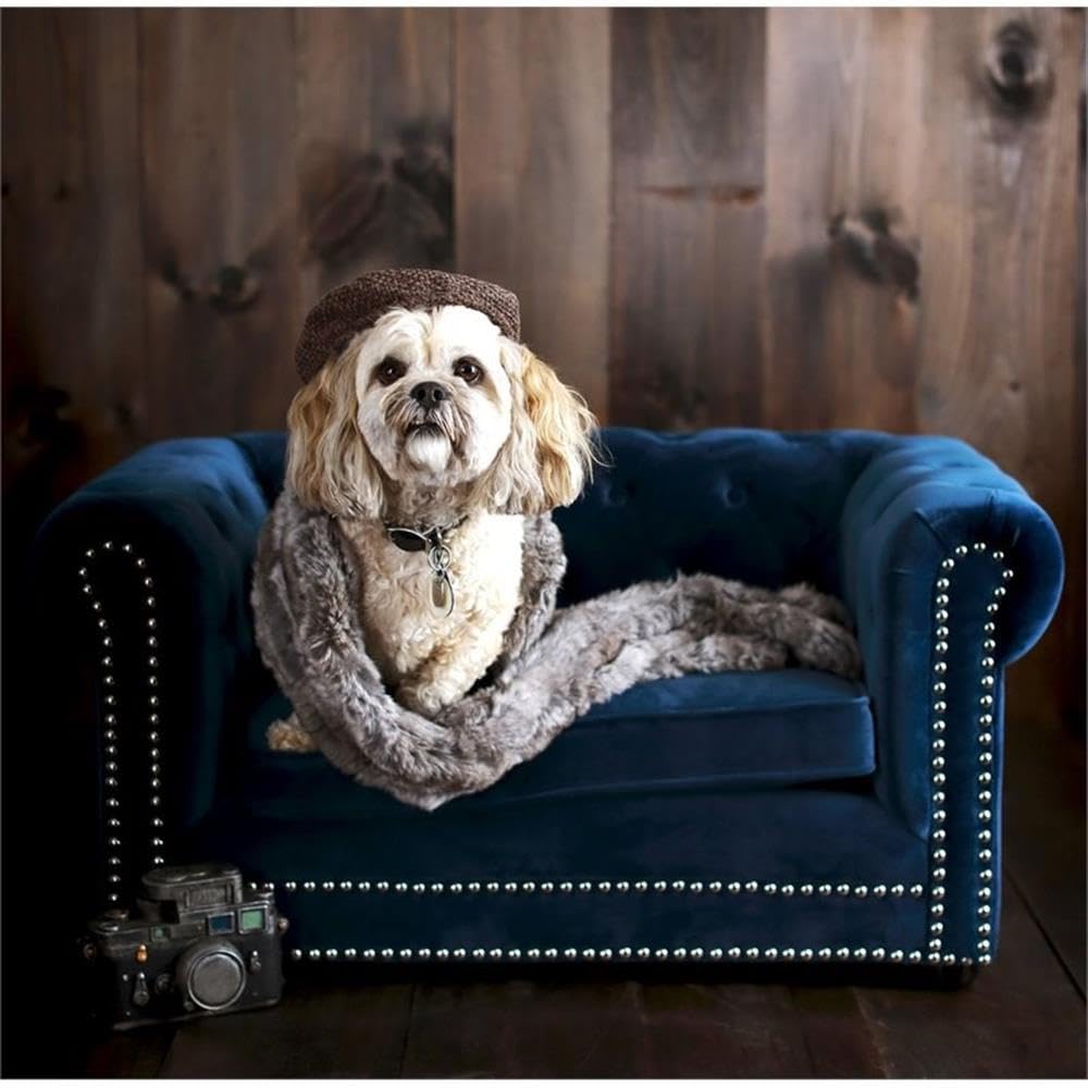 The Dachshund Collection Handmade Button Tufted Velvet Upholstered Pet Bed, Navy The Dachshund Zone