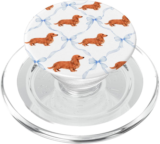 Long Haired Cream Dachshund Baby Blue Bow Coquette Doxie GIF PopSockets PopGrip for MagSafe The Dachshund Zone