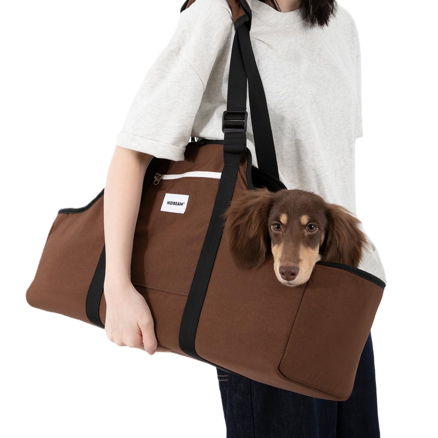 ETIAL Dachshund Shoulder Carrier Bag, Ergonomic Pet Sling with Adjustable Handheld & Crossbody Strap, Lightweight Ventilated Dog Purse for Small Long-Bodied Breeds,Safety Leash (Brown) The Dachshund Zone