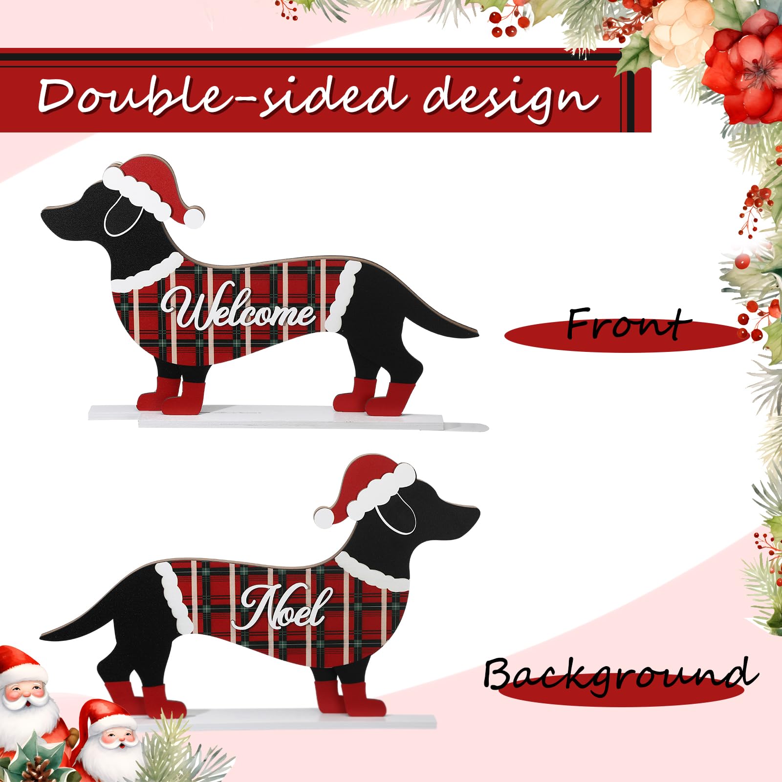 Nuenen Christmas Dachshund Sign Decor Christmas Dachshund Decorations Wooden Standing Front Door Porch Statue Ornaments Xmas Holiday Figurines Decoration with Metal Base The Dachshund Zone