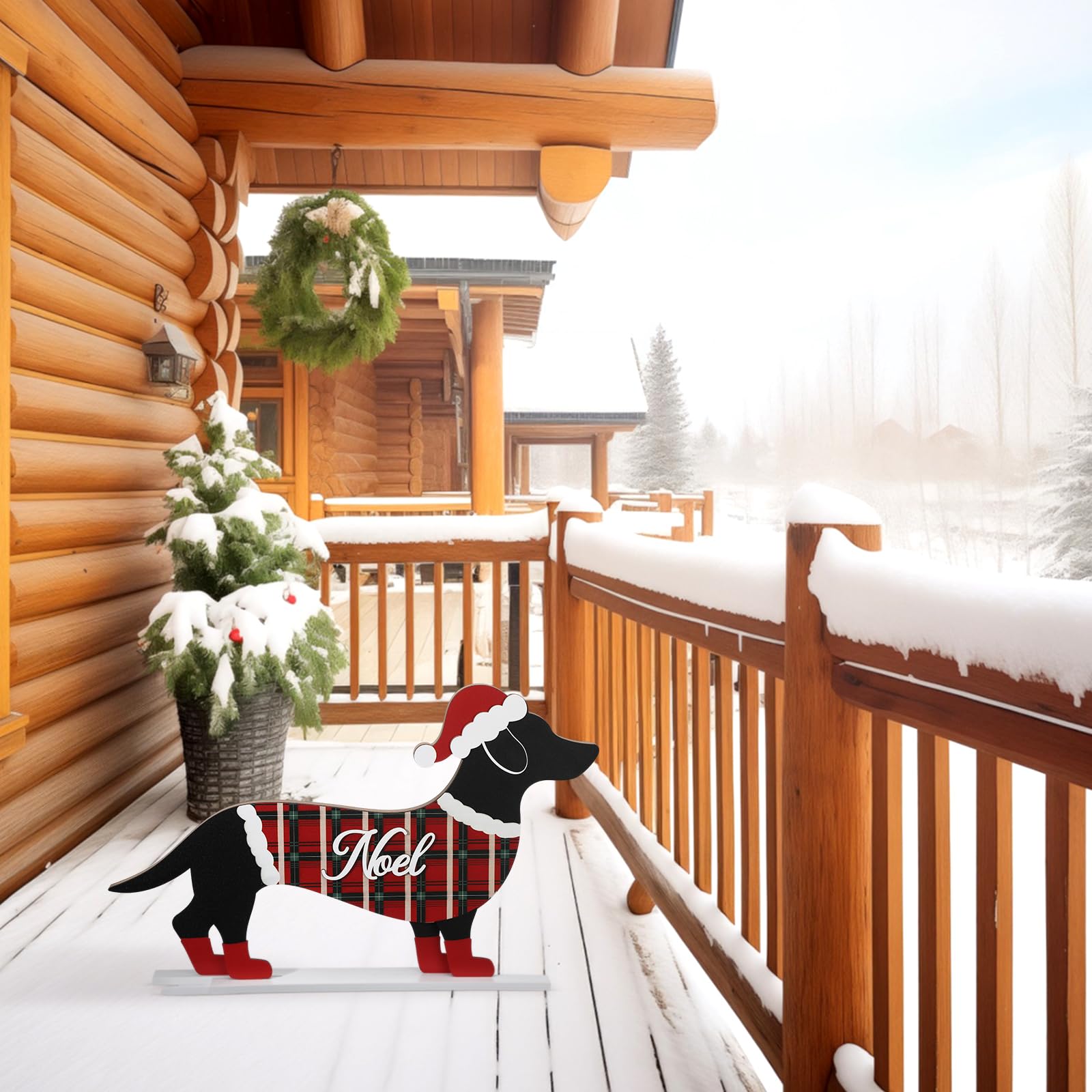 Nuenen Christmas Dachshund Sign Decor Christmas Dachshund Decorations Wooden Standing Front Door Porch Statue Ornaments Xmas Holiday Figurines Decoration with Metal Base The Dachshund Zone