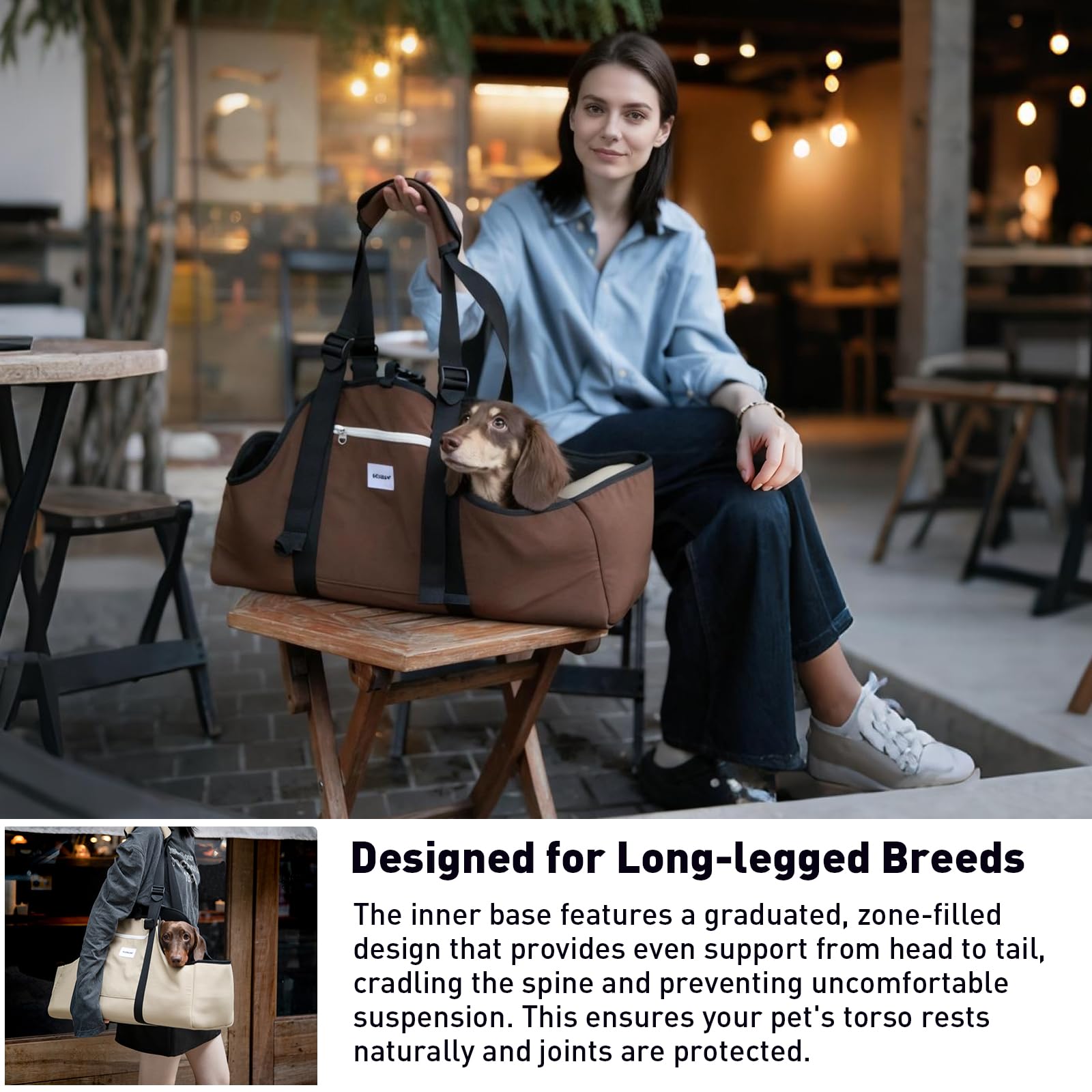 ETIAL Dachshund Shoulder Carrier Bag, Ergonomic Pet Sling with Adjustable Handheld & Crossbody Strap, Lightweight Ventilated Dog Purse for Small Long-Bodied Breeds,Safety Leash (Brown) The Dachshund Zone