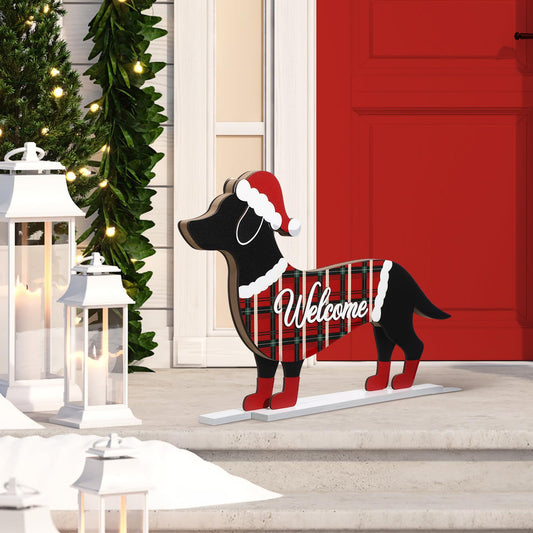 Nuenen Christmas Dachshund Sign Decor Christmas Dachshund Decorations Wooden Standing Front Door Porch Statue Ornaments Xmas Holiday Figurines Decoration with Metal Base The Dachshund Zone