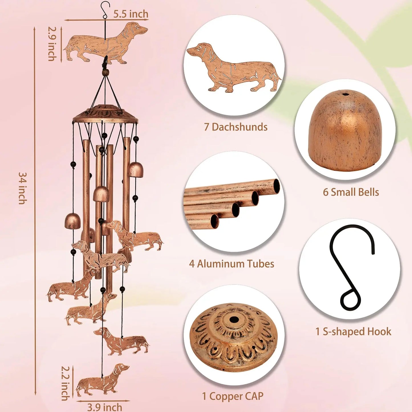 Dachshund Dog Wind Chimes for Outside,Metal Windchimes, Gifts The Dachshund Zone