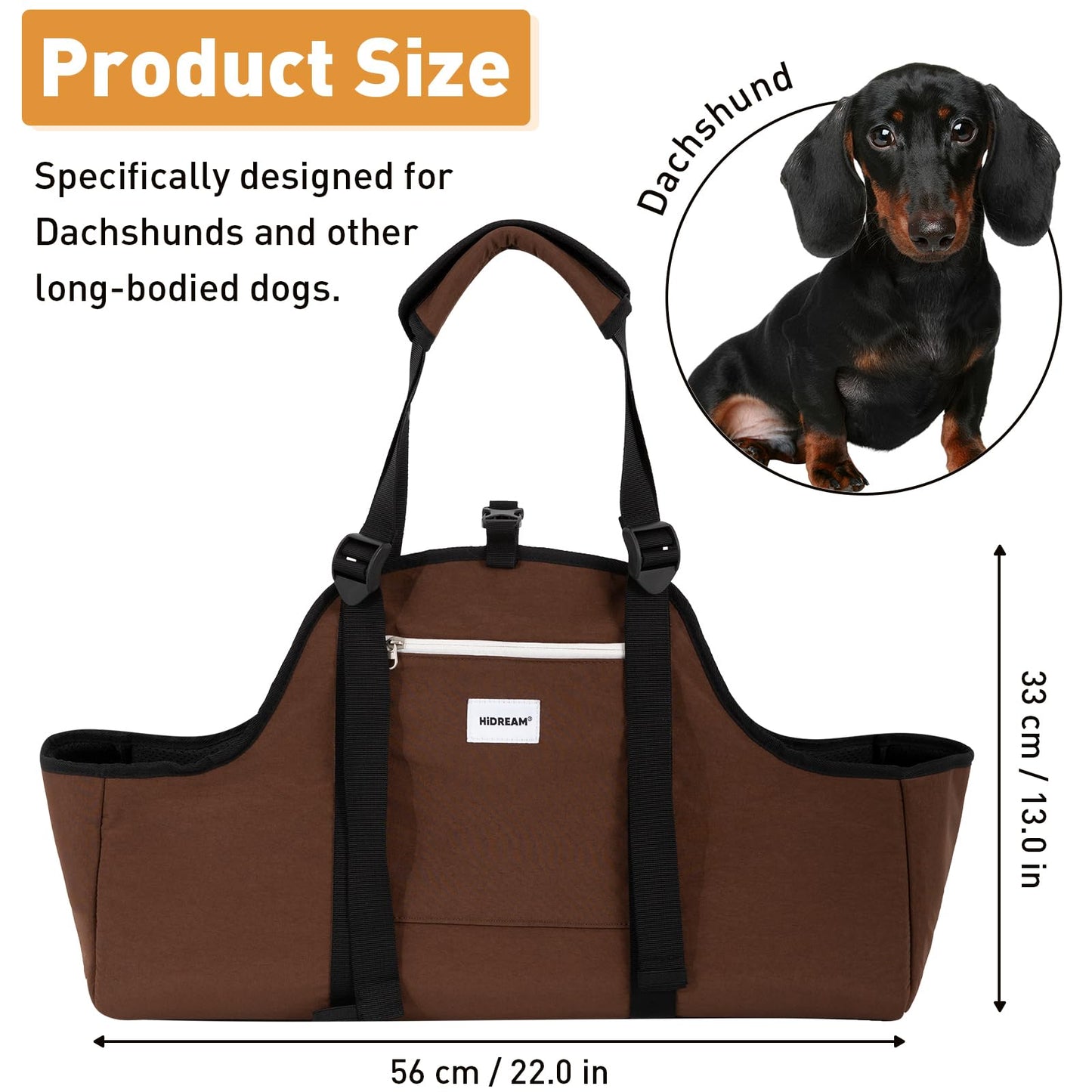 ETIAL Dachshund Shoulder Carrier Bag, Ergonomic Pet Sling with Adjustable Handheld & Crossbody Strap, Lightweight Ventilated Dog Purse for Small Long-Bodied Breeds,Safety Leash (Brown) The Dachshund Zone