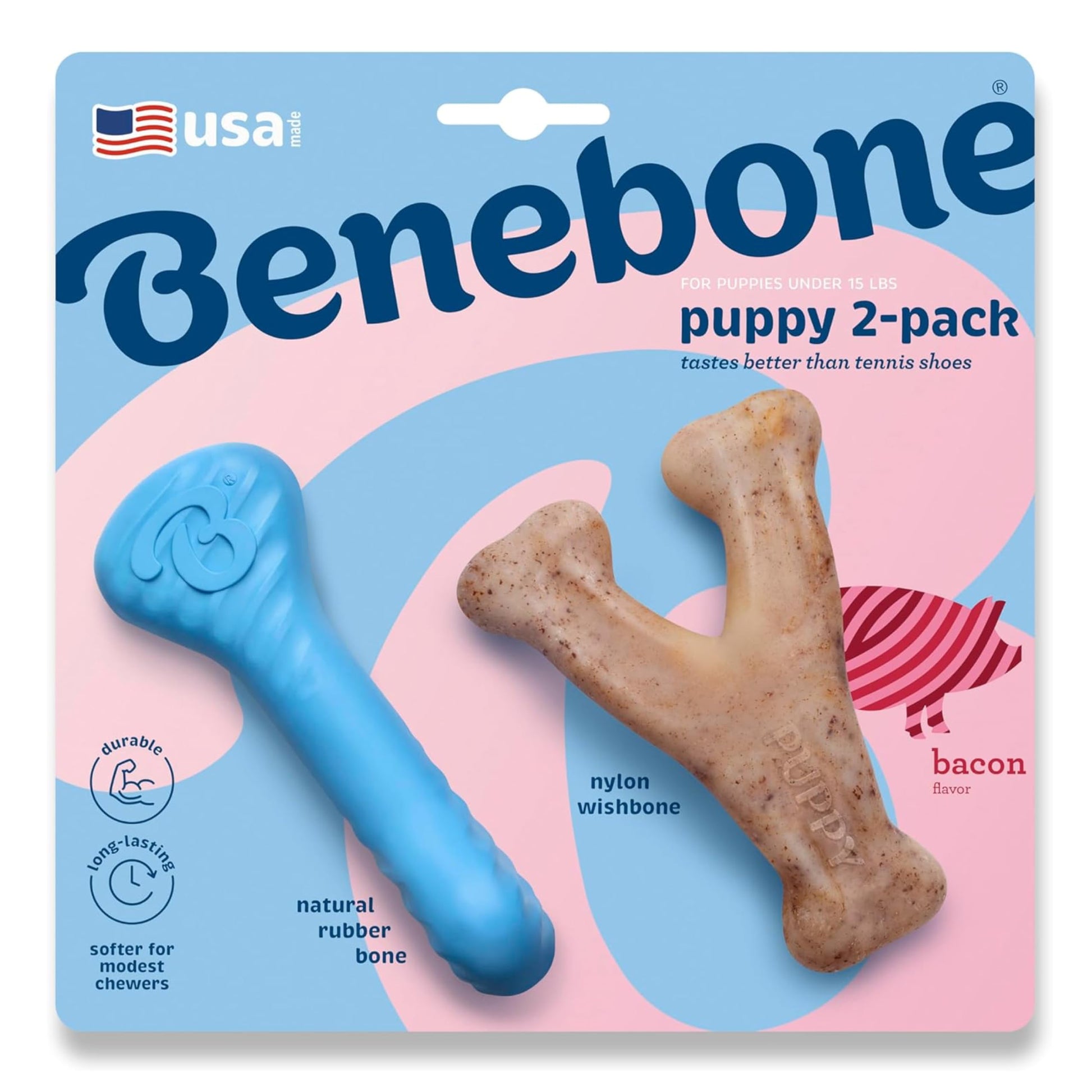Benebone Puppy 2-Pack Rubber Bone/Wishbone Bacon Tiny The Dachshund Zone