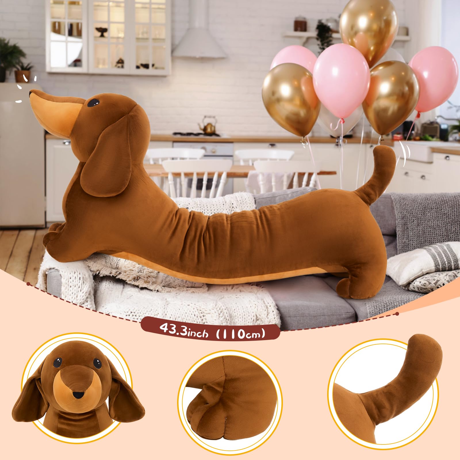 MorisMos Dachshund Dog Stuffed Animal Plush 4ft, 43'' Long Weiner Dog Body Pillow The Dachshund Zone