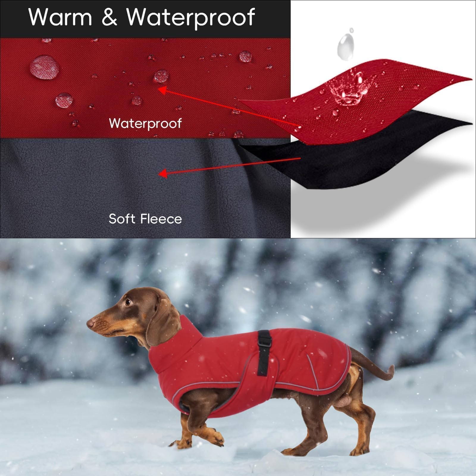 Tiny Dachshund Coat with Warm Fleece Lining, Mini Weiner Vest Jackets, Waterproof & Windproof Wiener Winter Clothes, Outdoor Clothes for Small Dachshunds Puppy, Boys & Girls Long Back Dogs(Red, XS) The Dachshund Zone