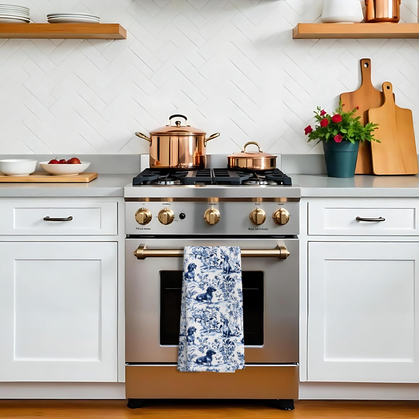 Chinoiserie Dachshund Kitchen Towels, Blue and White Floral The Dachshund Zone