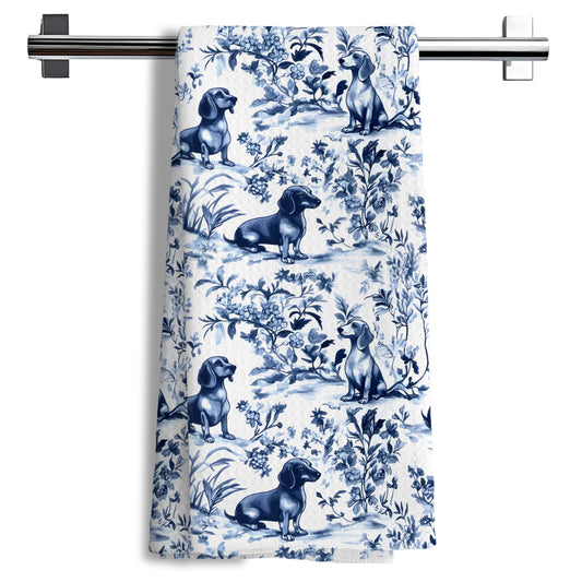 Chinoiserie Dachshund Kitchen Towels, Blue and White Floral The Dachshund Zone