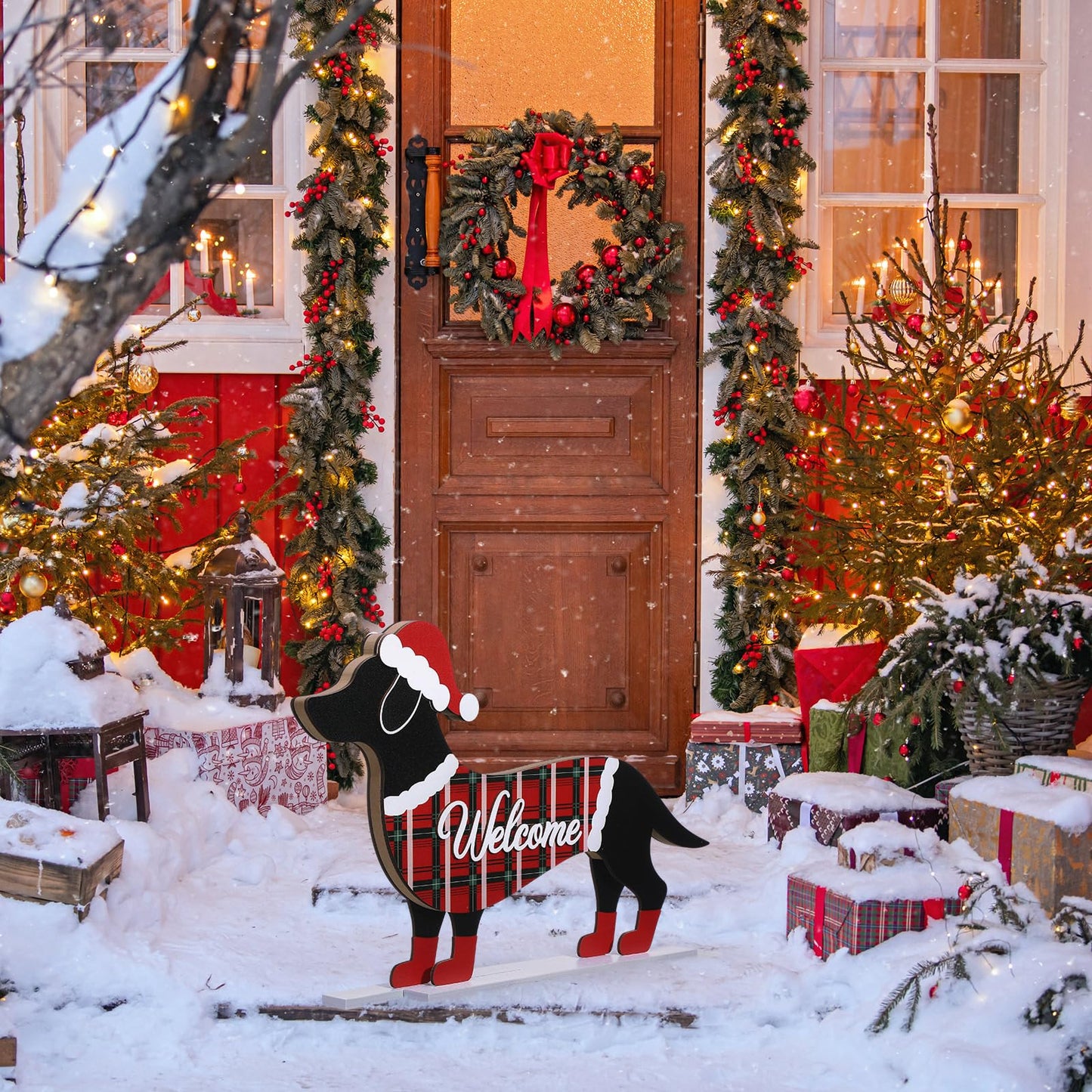Nuenen Christmas Dachshund Sign Decor Christmas Dachshund Decorations Wooden Standing Front Door Porch Statue Ornaments Xmas Holiday Figurines Decoration with Metal Base The Dachshund Zone