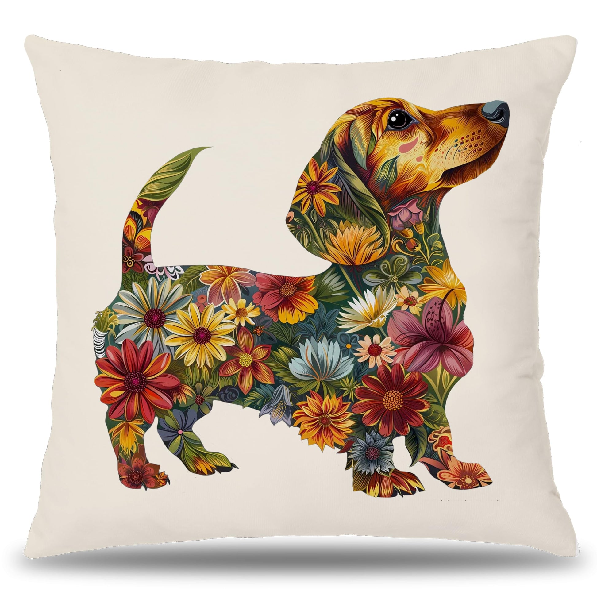Flower Dachshund Pillow Covers 18x18, Dachshund & Weiner Dog Gifts, Decor, Doxie Gifts The Dachshund Zone