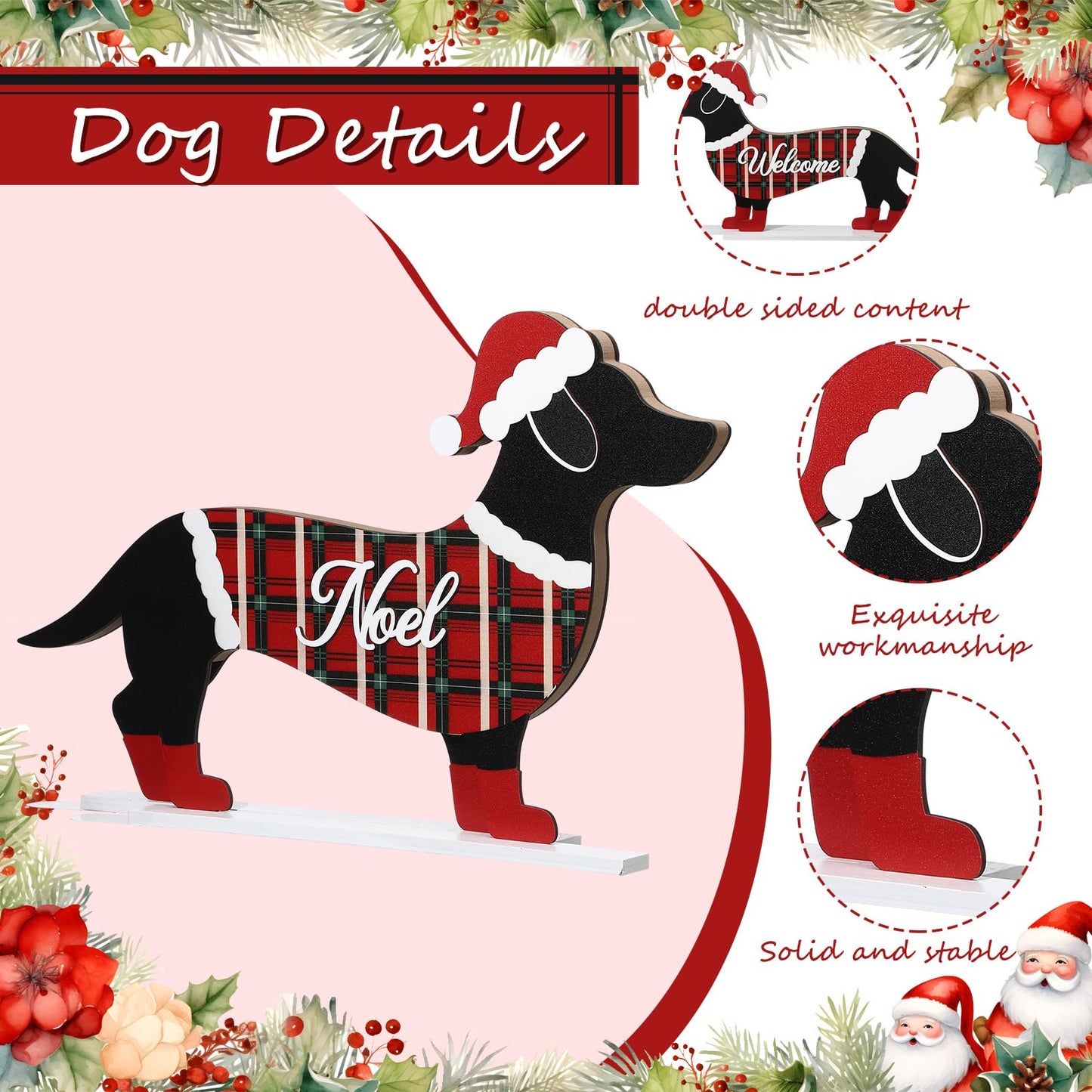 Nuenen Christmas Dachshund Sign Decor Christmas Dachshund Decorations Wooden Standing Front Door Porch Statue Ornaments Xmas Holiday Figurines Decoration with Metal Base The Dachshund Zone