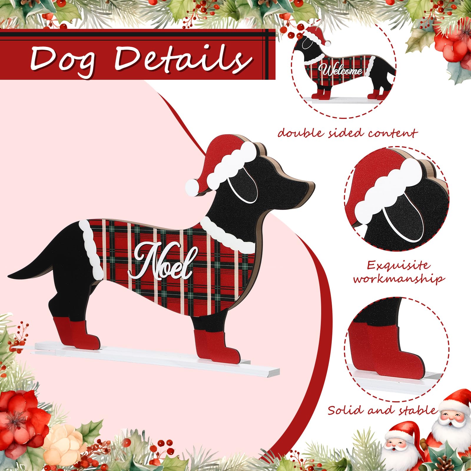 Nuenen Christmas Dachshund Sign Decor Christmas Dachshund Decorations Wooden Standing Front Door Porch Statue Ornaments Xmas Holiday Figurines Decoration with Metal Base The Dachshund Zone