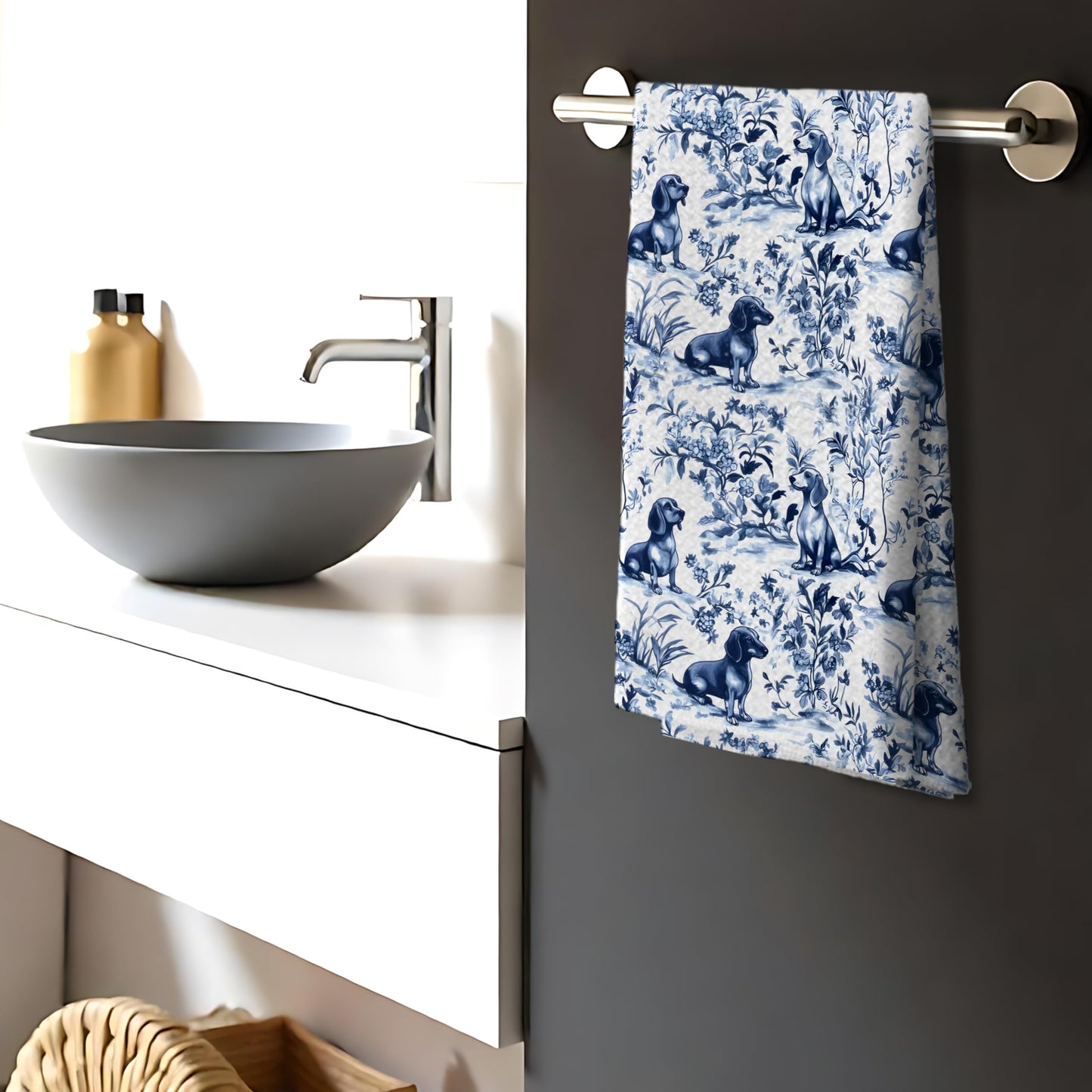 Chinoiserie Dachshund Kitchen Towels, Blue and White Floral The Dachshund Zone