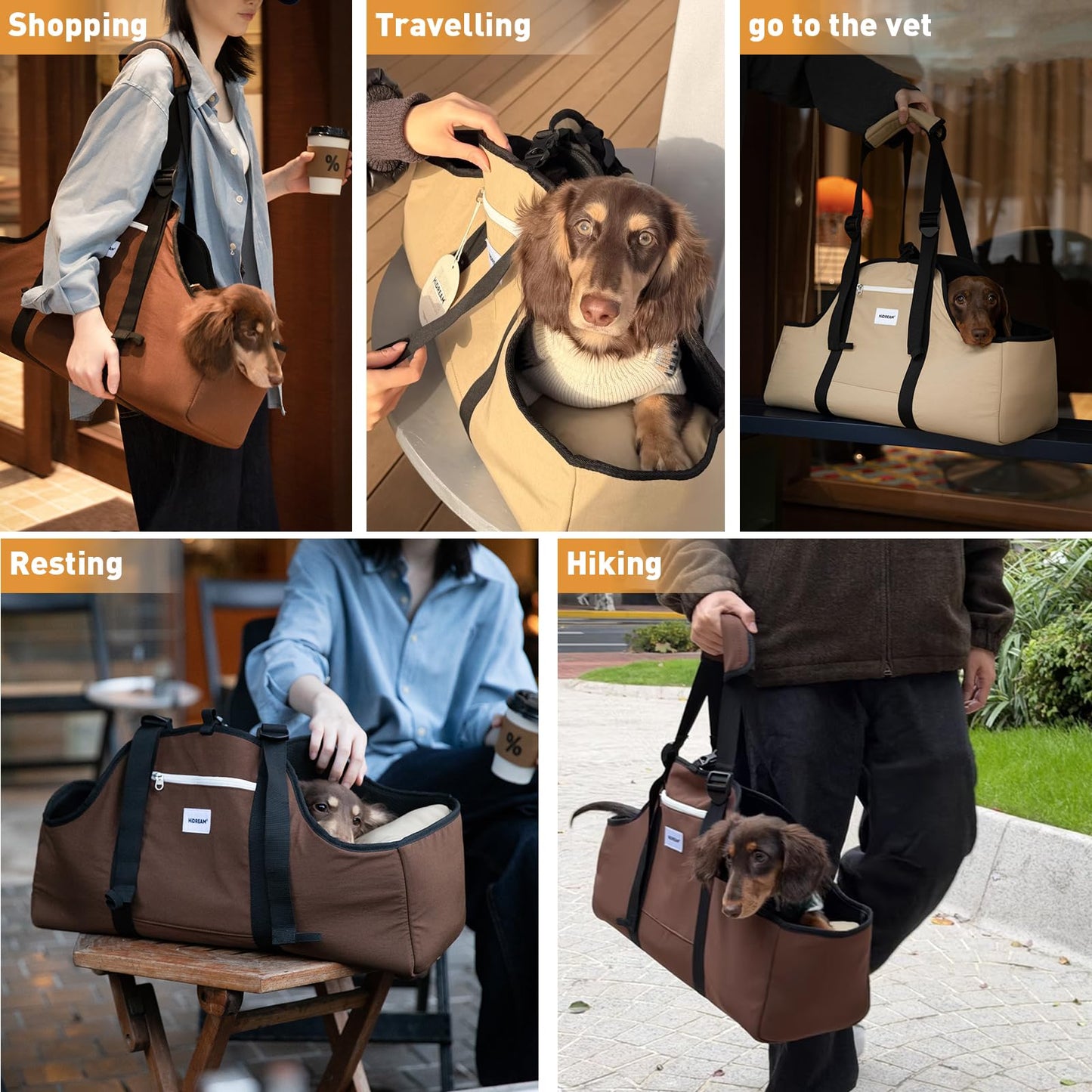ETIAL Dachshund Shoulder Carrier Bag, Ergonomic Pet Sling with Adjustable Handheld & Crossbody Strap, Lightweight Ventilated Dog Purse for Small Long-Bodied Breeds,Safety Leash (Brown) The Dachshund Zone