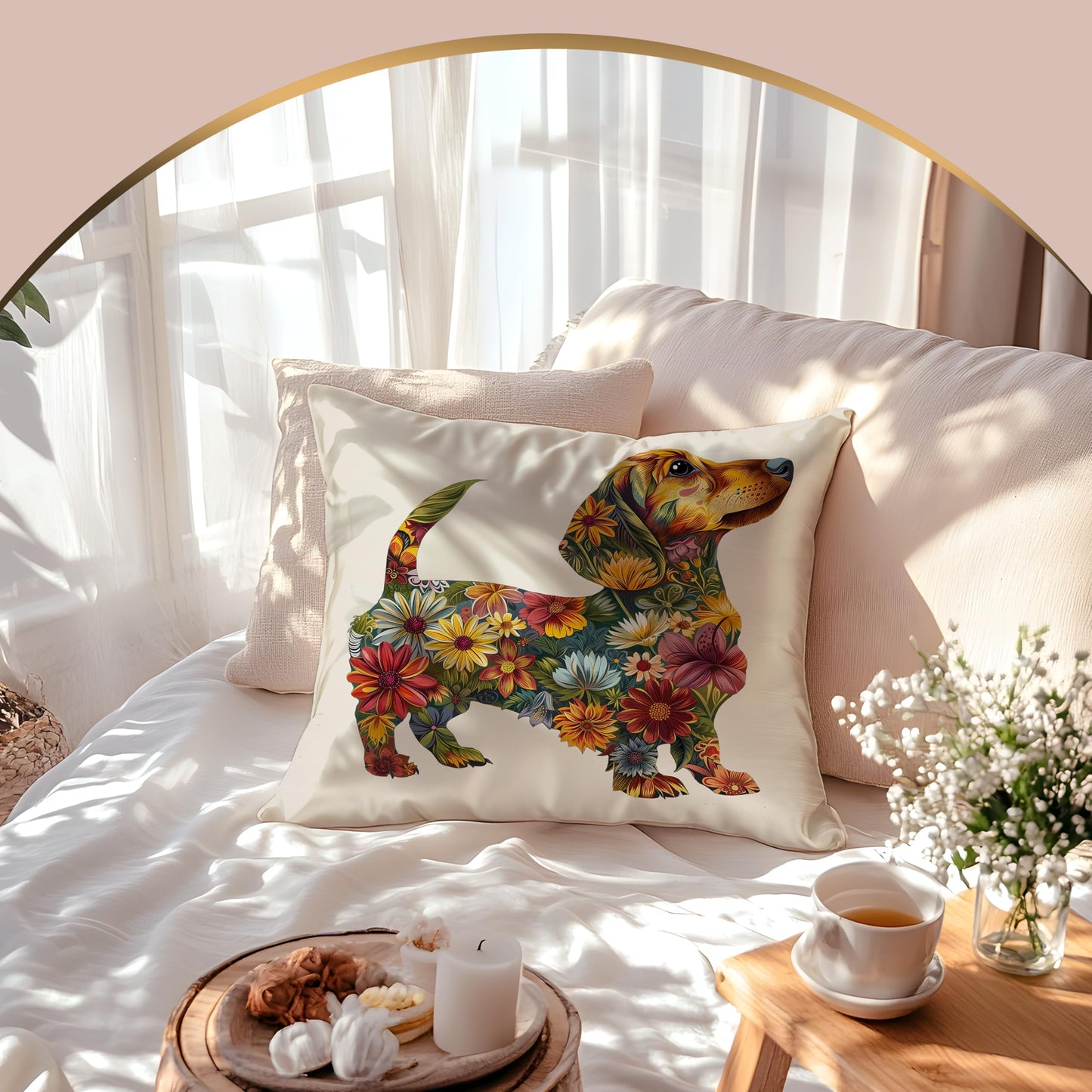 Flower Dachshund Pillow Covers 18x18, Dachshund & Weiner Dog Gifts, Decor, Doxie Gifts The Dachshund Zone