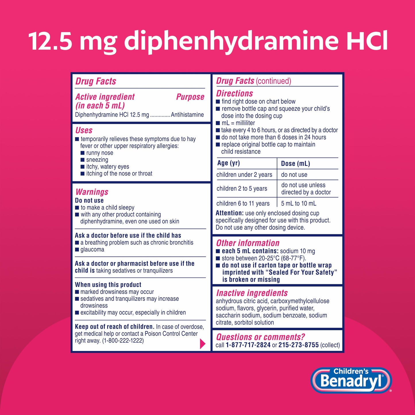 Benadryl Children's Liquid, Kids Allergy Relief Medicine, Dye-, Alcohol-, High Fructose Corn Syrup (HFCS)-Free, Safe for Children 6+ Use Only As Directed, Bubble Gum Flavor, 8 fl oz The Dachshund Zone