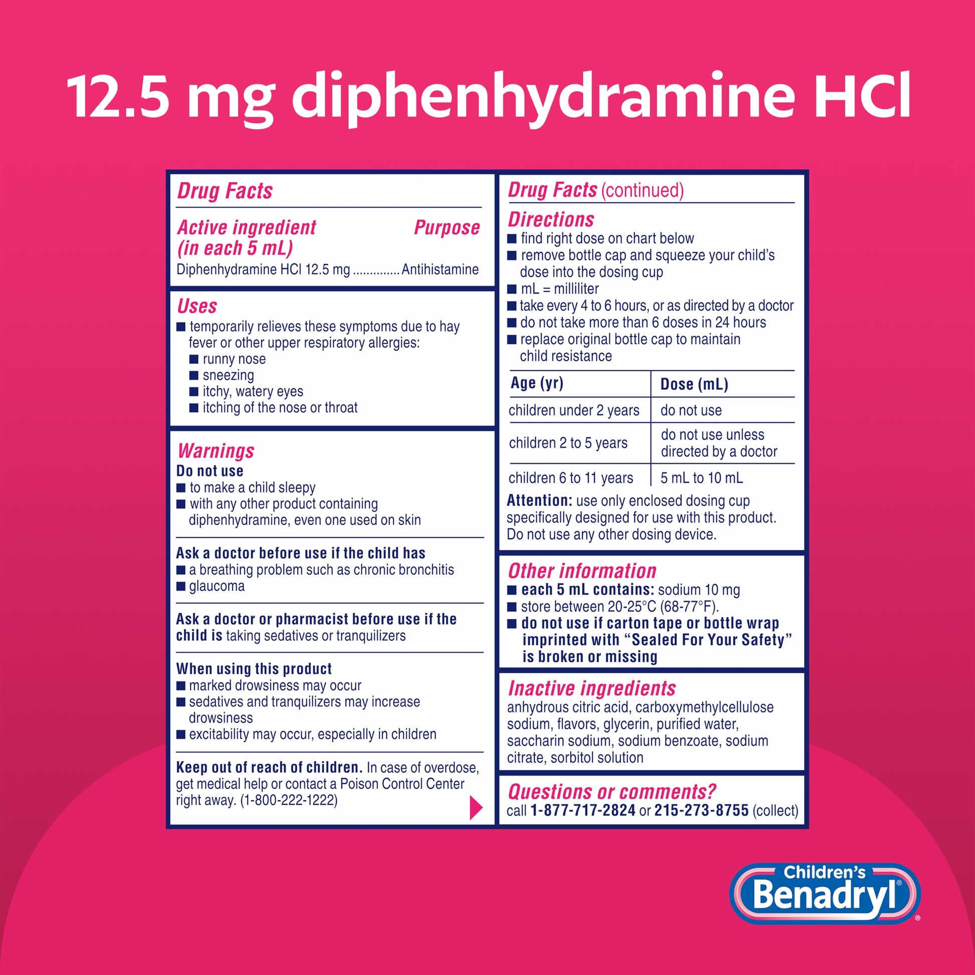Benadryl Children's Liquid, Kids Allergy Relief Medicine, Dye-, Alcohol-, High Fructose Corn Syrup (HFCS)-Free, Safe for Children 6+ Use Only As Directed, Bubble Gum Flavor, 8 fl oz The Dachshund Zone