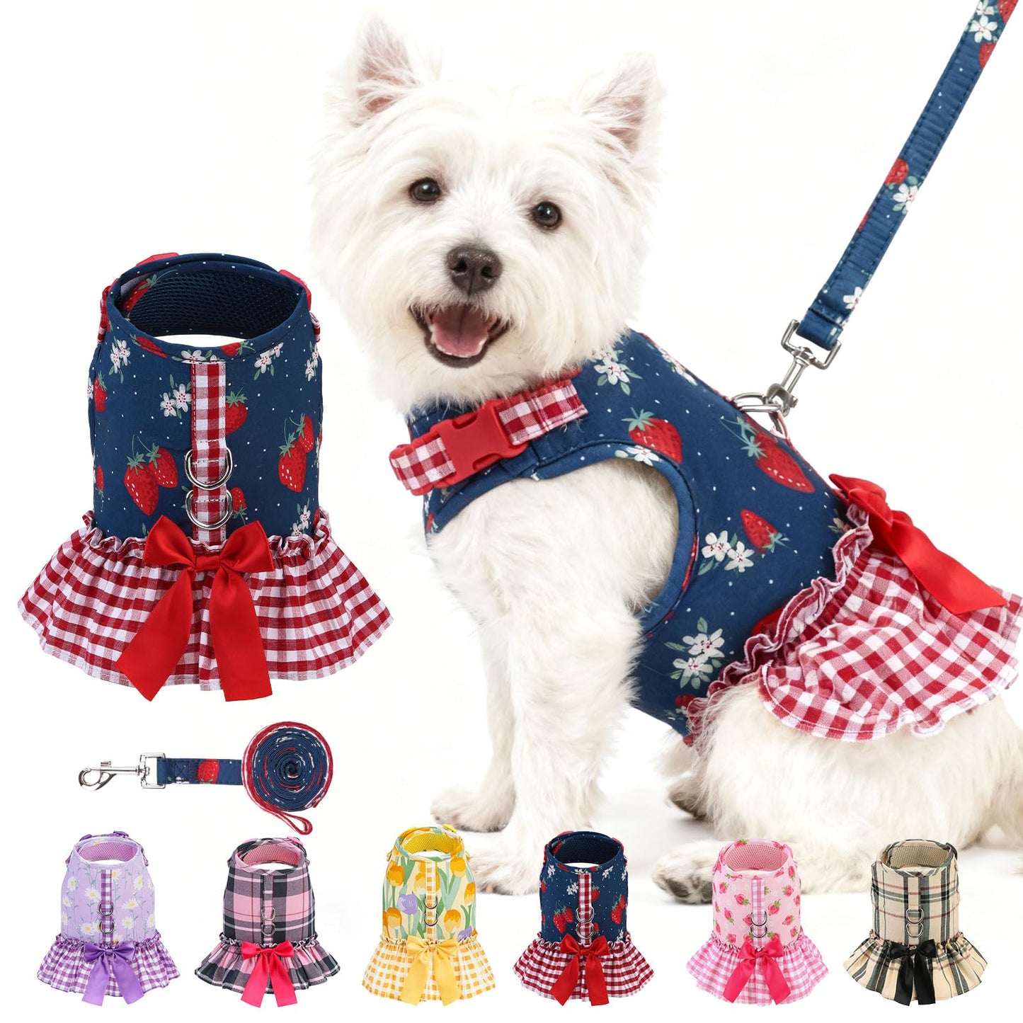 EXPAWLORER Dog Harness Small Medium Sized Dogs, Plaid Dog Dress Bowknot Harness and Leash Set, No Choke No Pull Soft Mesh Vest Cute Princess Puppy Outfits Clothes Costume for Girls Party Cats Navy M The Dachshund Zone