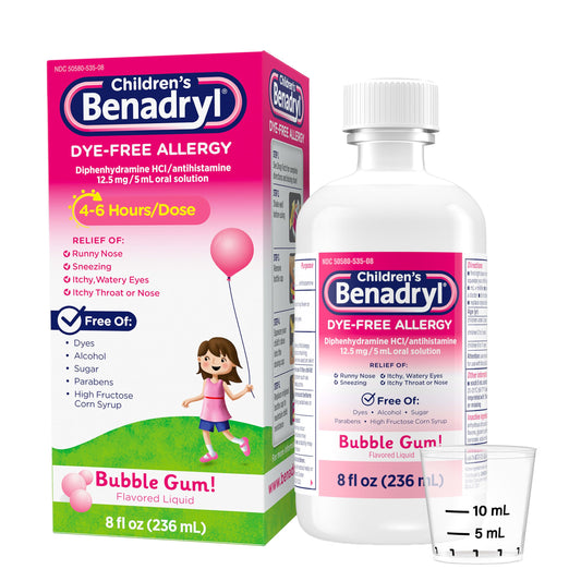 Benadryl Children's Liquid, Kids Allergy Relief Medicine, Dye-, Alcohol-, High Fructose Corn Syrup (HFCS)-Free, Safe for Children 6+ Use Only As Directed, Bubble Gum Flavor, 8 fl oz The Dachshund Zone