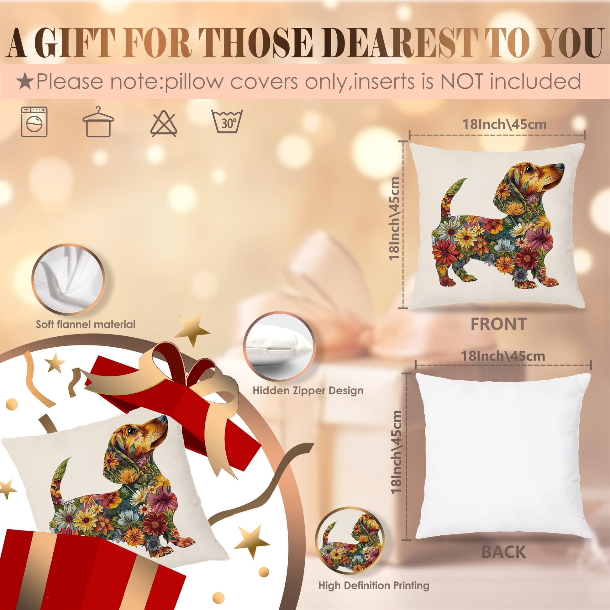 Flower Dachshund Pillow Covers 18x18, Dachshund & Weiner Dog Gifts, Decor, Doxie Gifts The Dachshund Zone