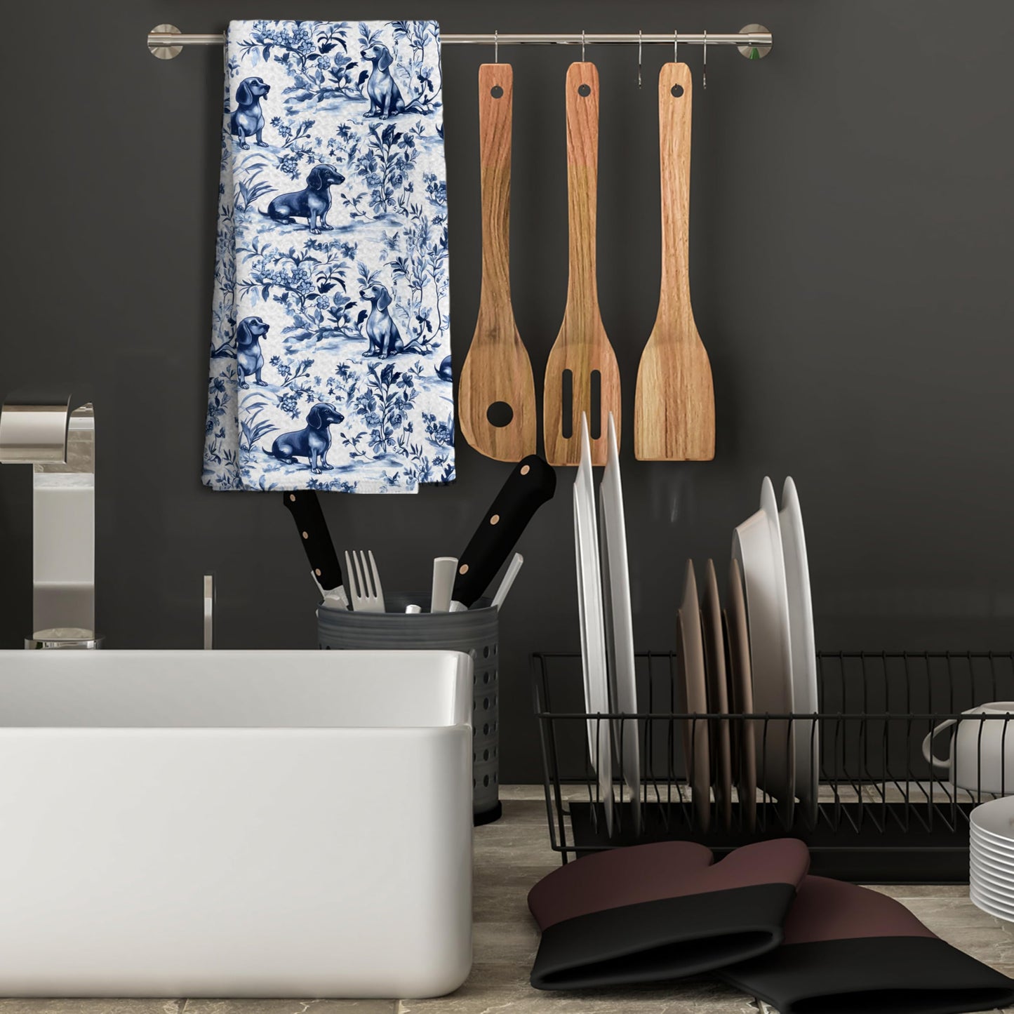 Chinoiserie Dachshund Kitchen Towels, Blue and White Floral The Dachshund Zone