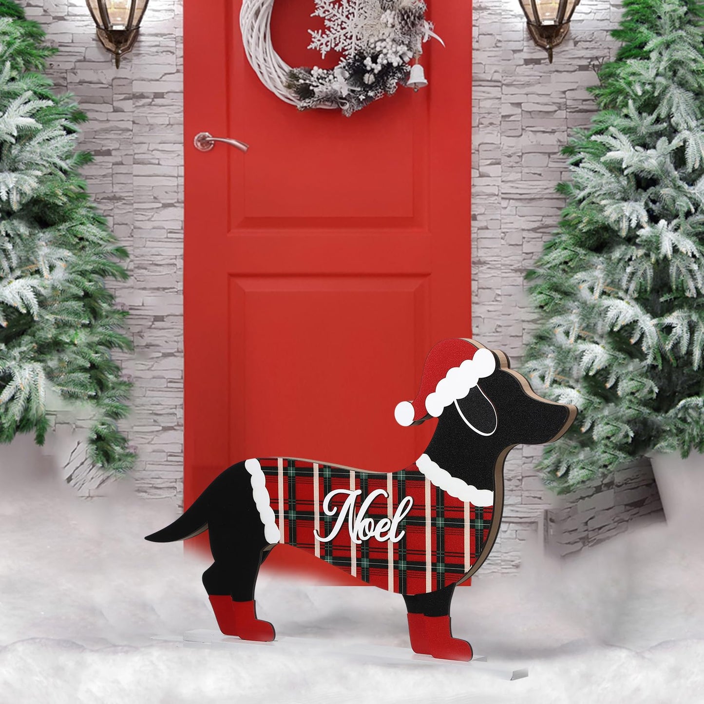 Nuenen Christmas Dachshund Sign Decor Christmas Dachshund Decorations Wooden Standing Front Door Porch Statue Ornaments Xmas Holiday Figurines Decoration with Metal Base The Dachshund Zone
