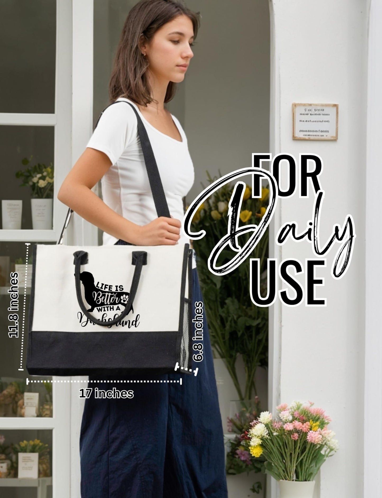 Canvas Tote Bag with Top Zipper Closure Mother's Day, Christmas The Dachshund Zone