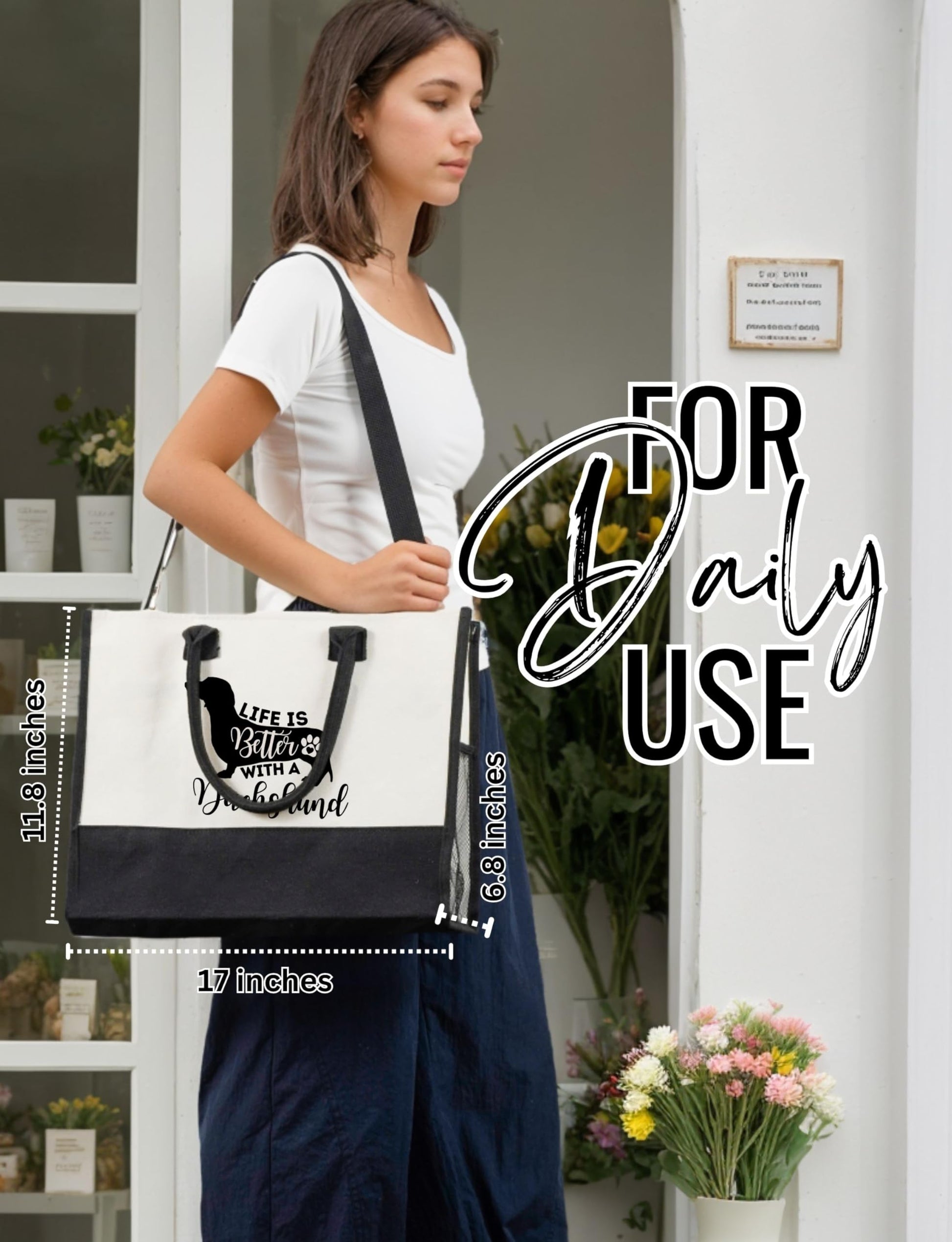 Canvas Tote Bag with Top Zipper Closure Mother's Day, Christmas The Dachshund Zone