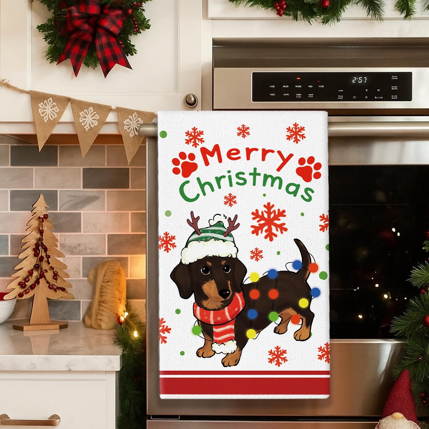 Christmas Kitchen Towels Dachshund 18 x 26 Inch Set of 2 Dish Towels Hand Towels for Winter Holiday Home Indoor Bathroom Party Dining Decor Gifts The Dachshund Zone