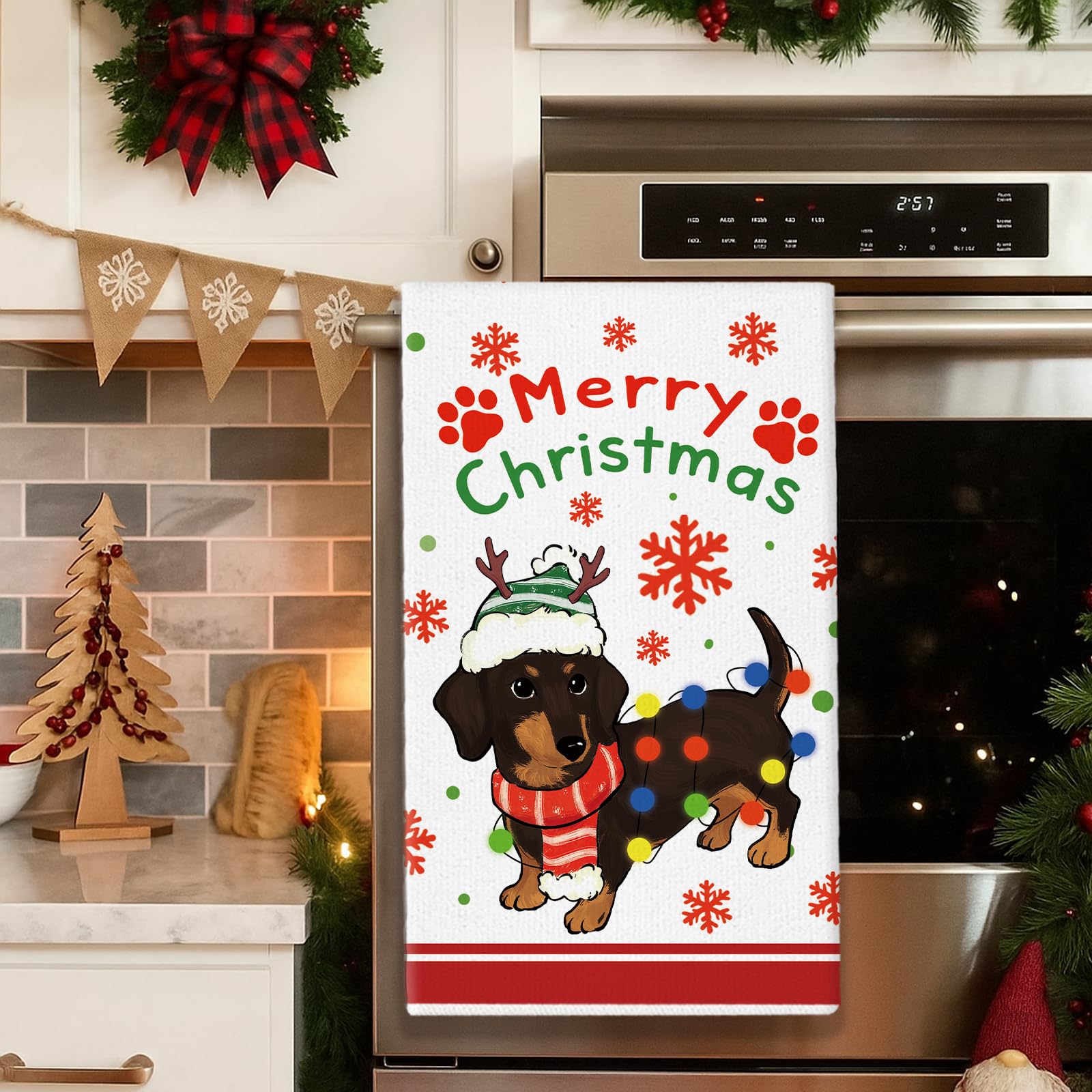 Christmas Kitchen Towels Dachshund 18 x 26 Inch Set of 2 Dish Towels Hand Towels for Winter Holiday Home Indoor Bathroom Party Dining Decor Gifts The Dachshund Zone