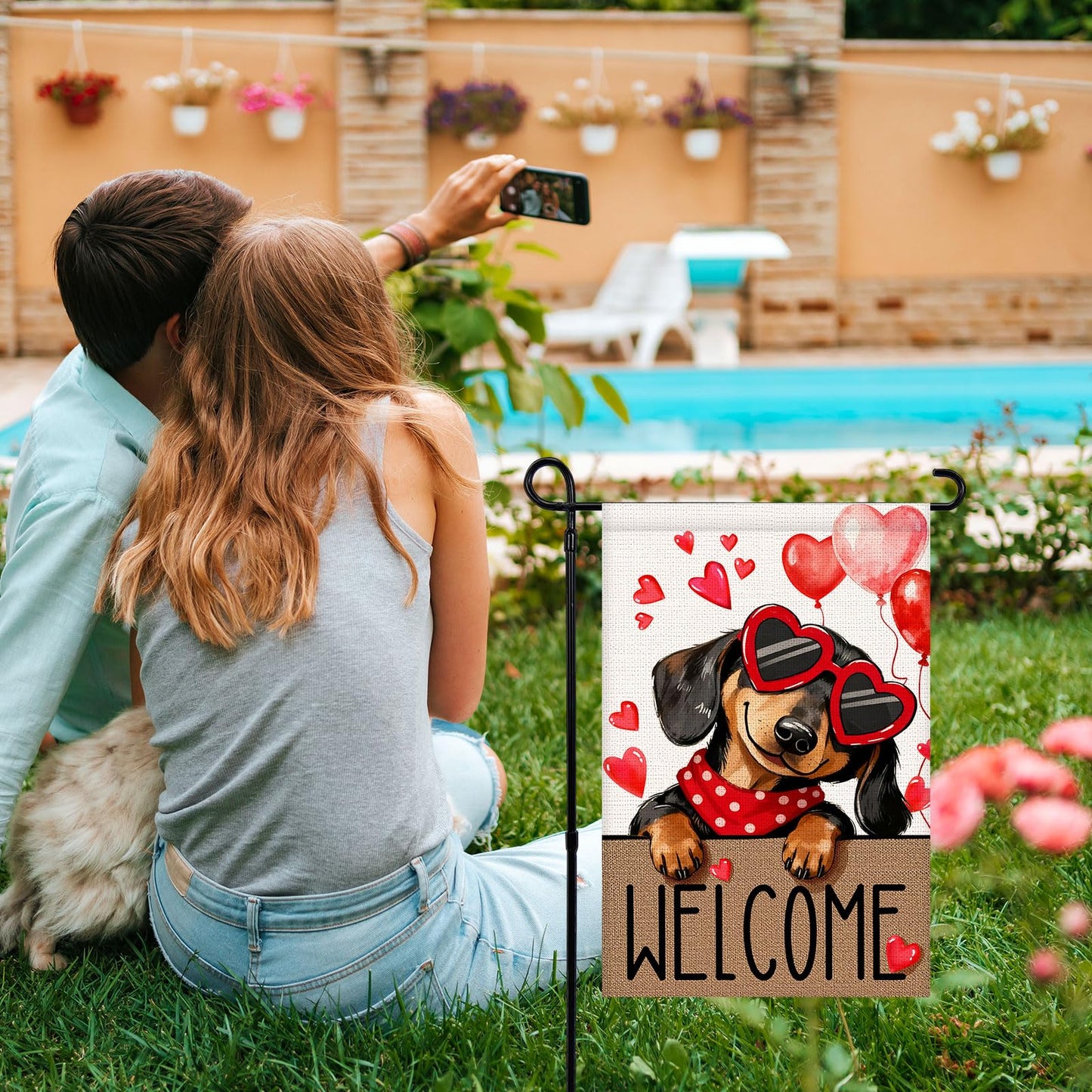 Welcome Valentines Day Garden Flag 12x18 Inch Double Sided Dachshund Dog Love Hearts Balloons Small Burlap Garden Flags for Anniversary, Wedding, Patio, Lawn, Party Decoration The Dachshund Zone