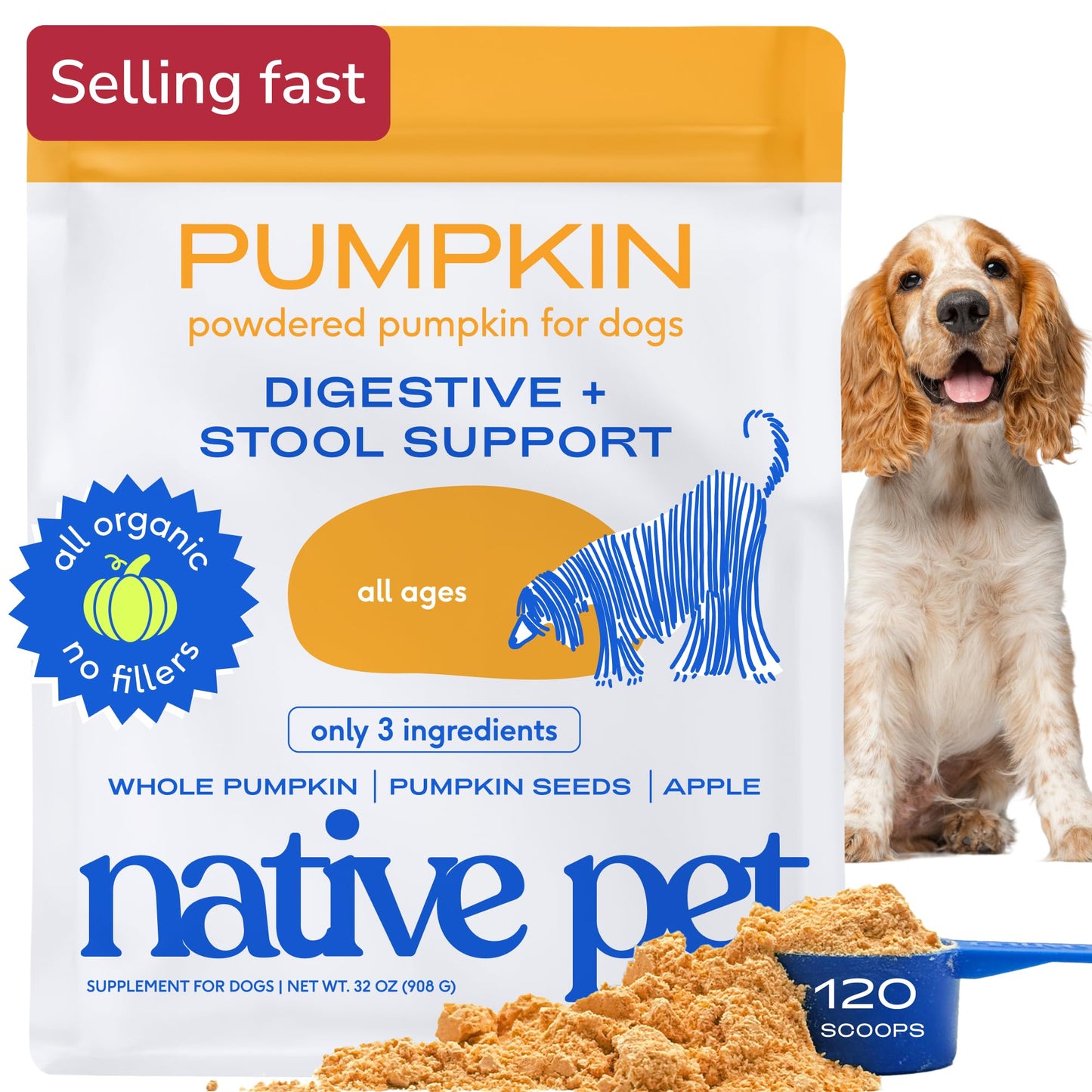 Native Pet Pumpkin for Dogs - Organic Dog Food Topper Powder - Promotes Firm Stools, Supports Digestive, Bowel Health & Nutrient Absorption - USDA Organic, Rich in Fiber with Real Pumpkin - 120 Scoops The Dachshund Zone
