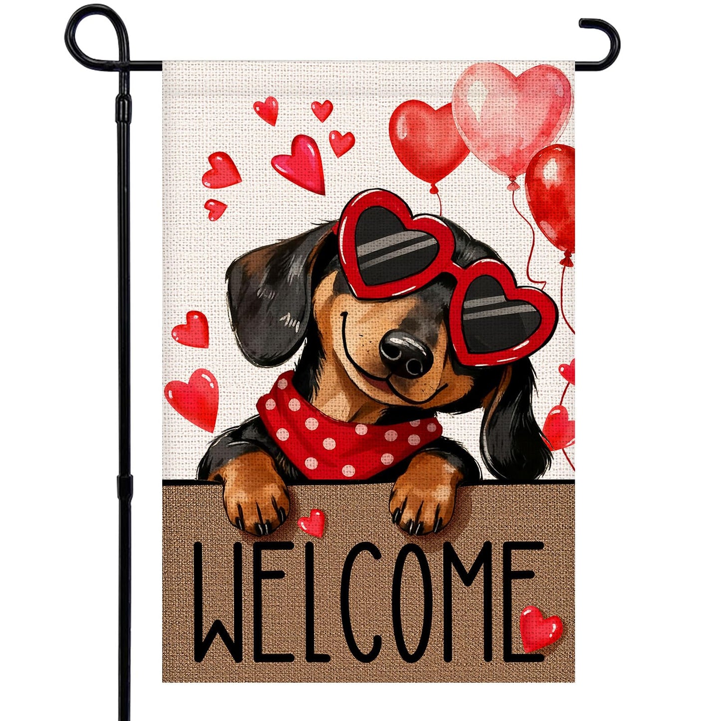 Welcome Valentines Day Garden Flag 12x18 Inch Double Sided Dachshund Dog Love Hearts Balloons Small Burlap Garden Flags for Anniversary, Wedding, Patio, Lawn, Party Decoration The Dachshund Zone