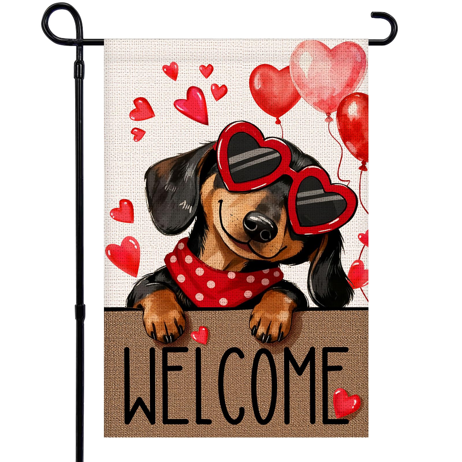 Welcome Valentines Day Garden Flag 12x18 Inch Double Sided Dachshund Dog Love Hearts Balloons Small Burlap Garden Flags for Anniversary, Wedding, Patio, Lawn, Party Decoration The Dachshund Zone