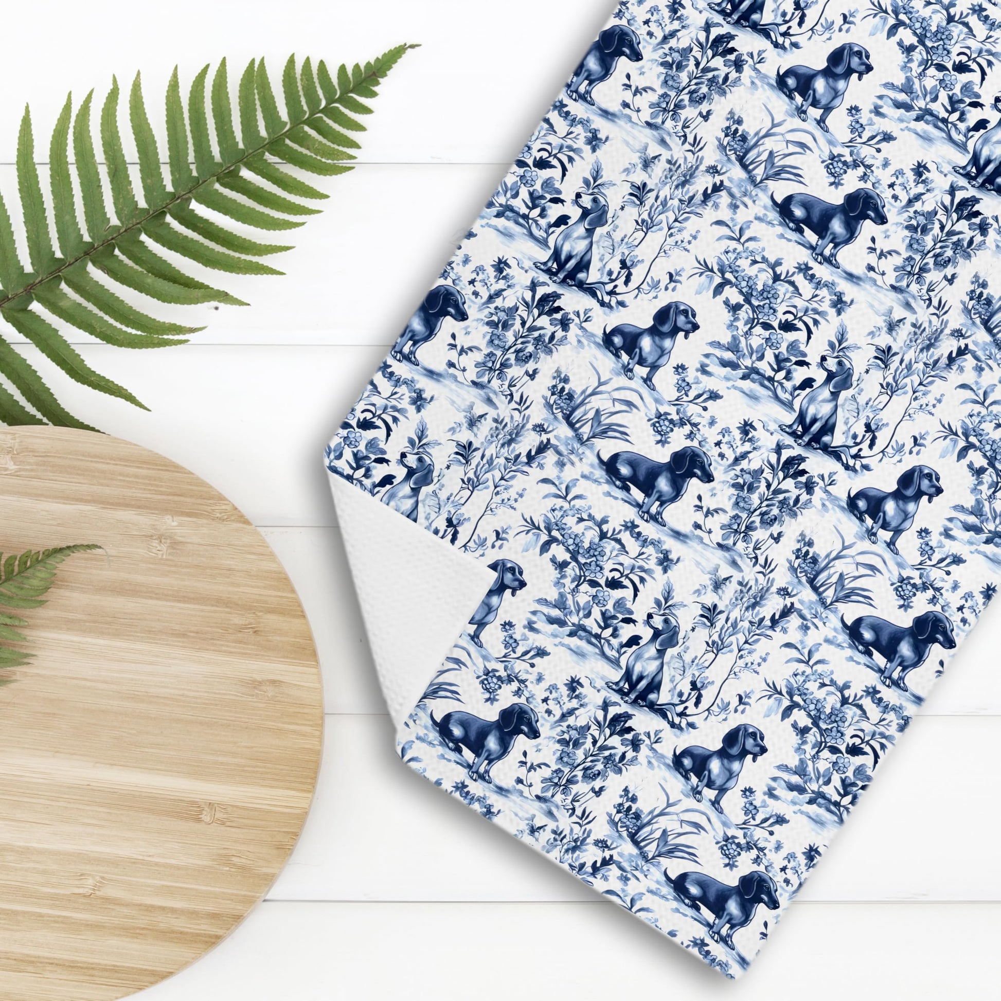 Chinoiserie Dachshund Kitchen Towels, Blue and White Floral The Dachshund Zone