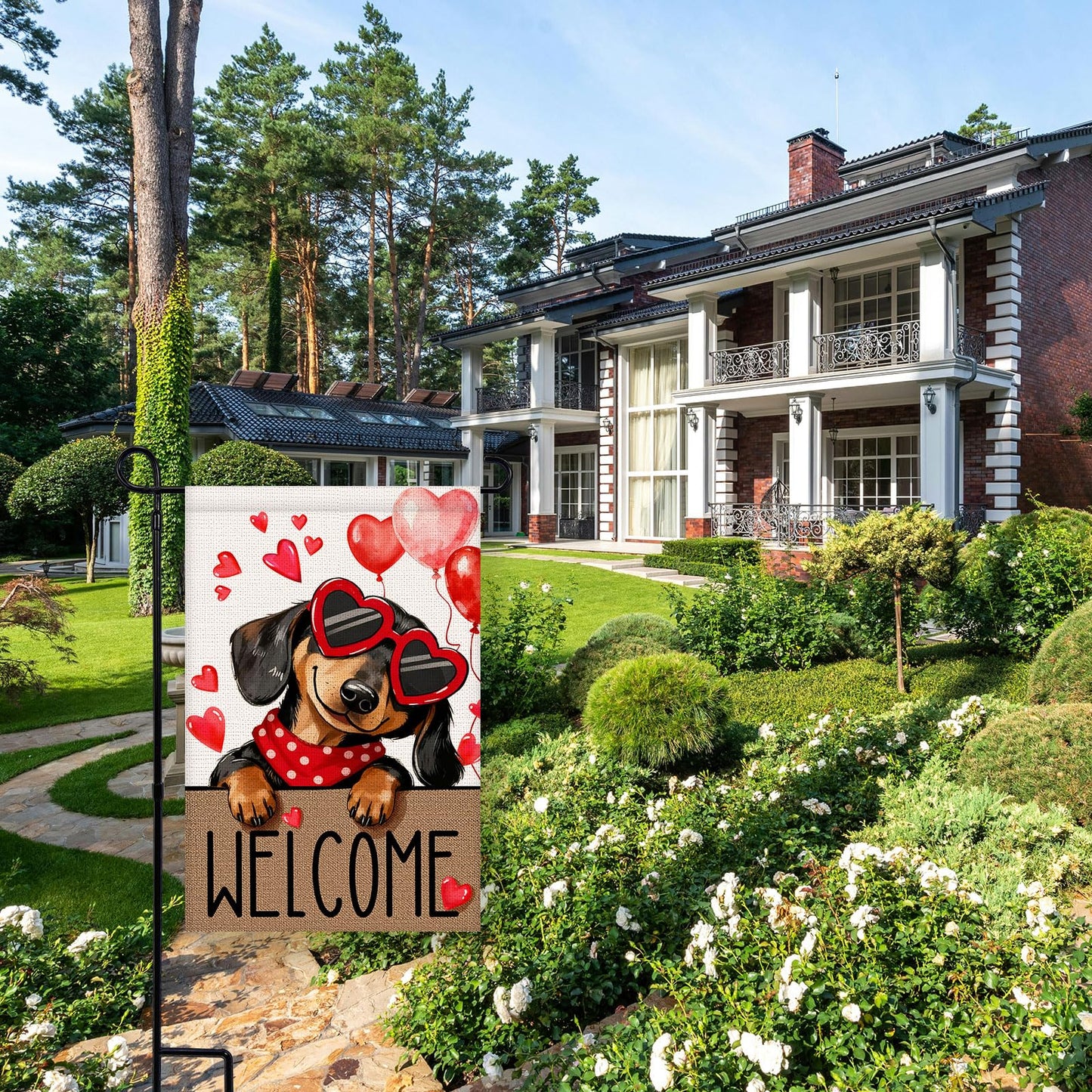 Welcome Valentines Day Garden Flag 12x18 Inch Double Sided Dachshund Dog Love Hearts Balloons Small Burlap Garden Flags for Anniversary, Wedding, Patio, Lawn, Party Decoration The Dachshund Zone