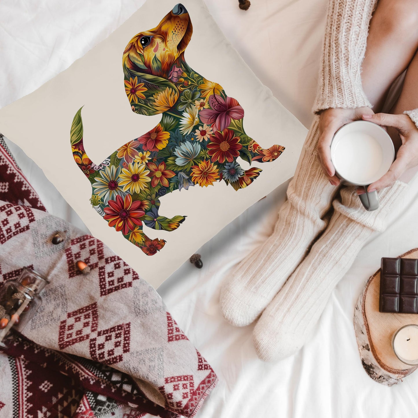 Flower Dachshund Pillow Covers 18x18, Dachshund & Weiner Dog Gifts, Decor, Doxie Gifts The Dachshund Zone