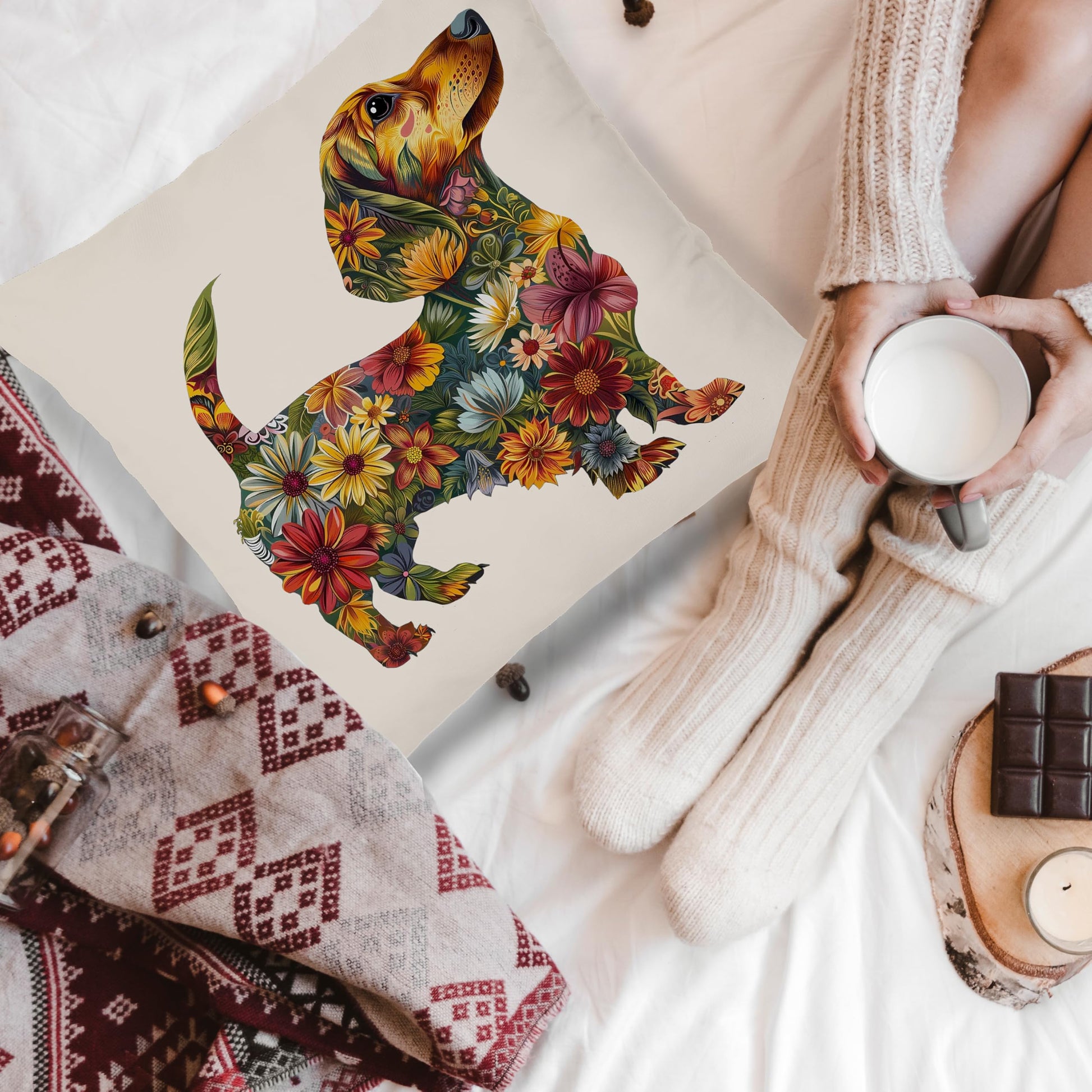 Flower Dachshund Pillow Covers 18x18, Dachshund & Weiner Dog Gifts, Decor, Doxie Gifts The Dachshund Zone