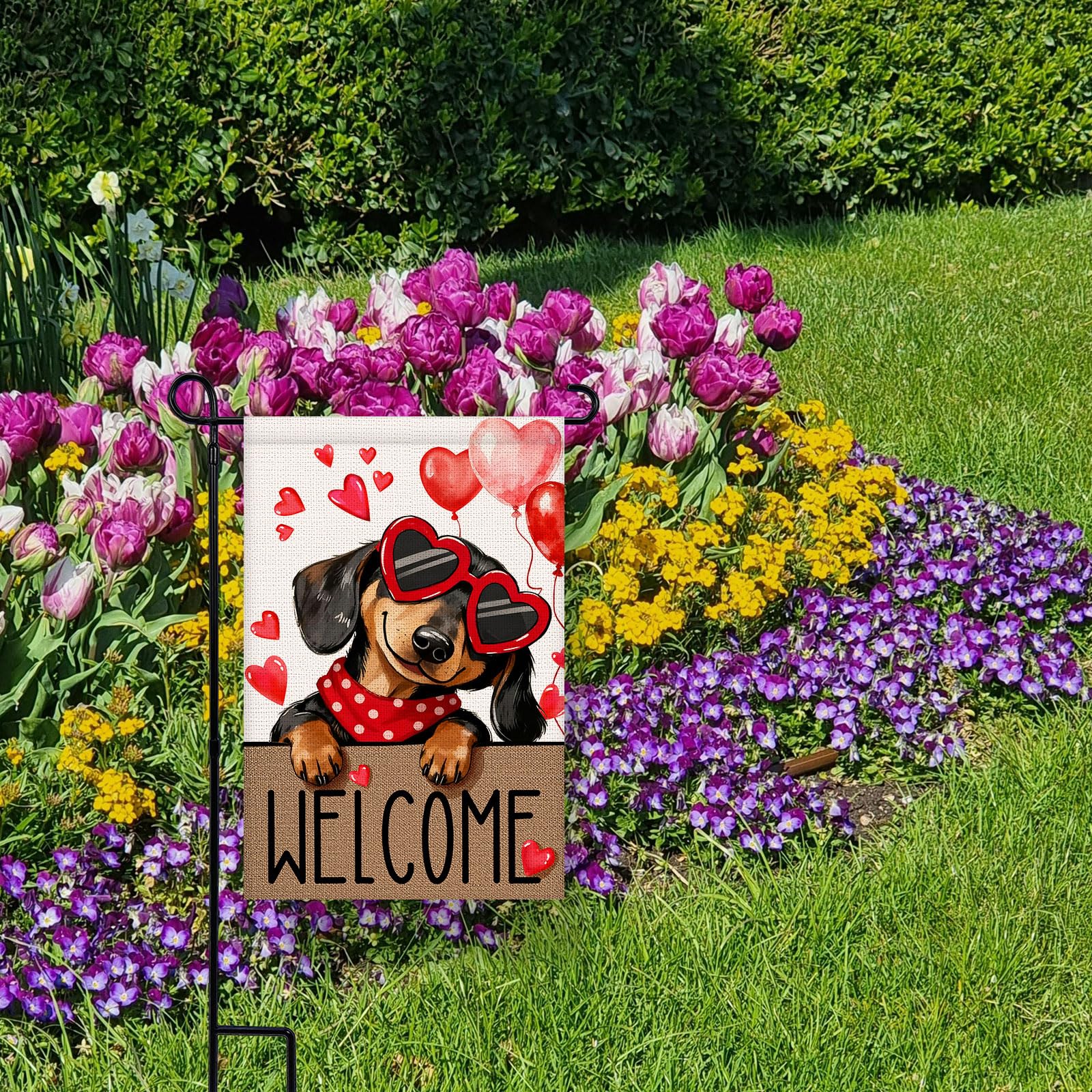Welcome Valentines Day Garden Flag 12x18 Inch Double Sided Dachshund Dog Love Hearts Balloons Small Burlap Garden Flags for Anniversary, Wedding, Patio, Lawn, Party Decoration The Dachshund Zone